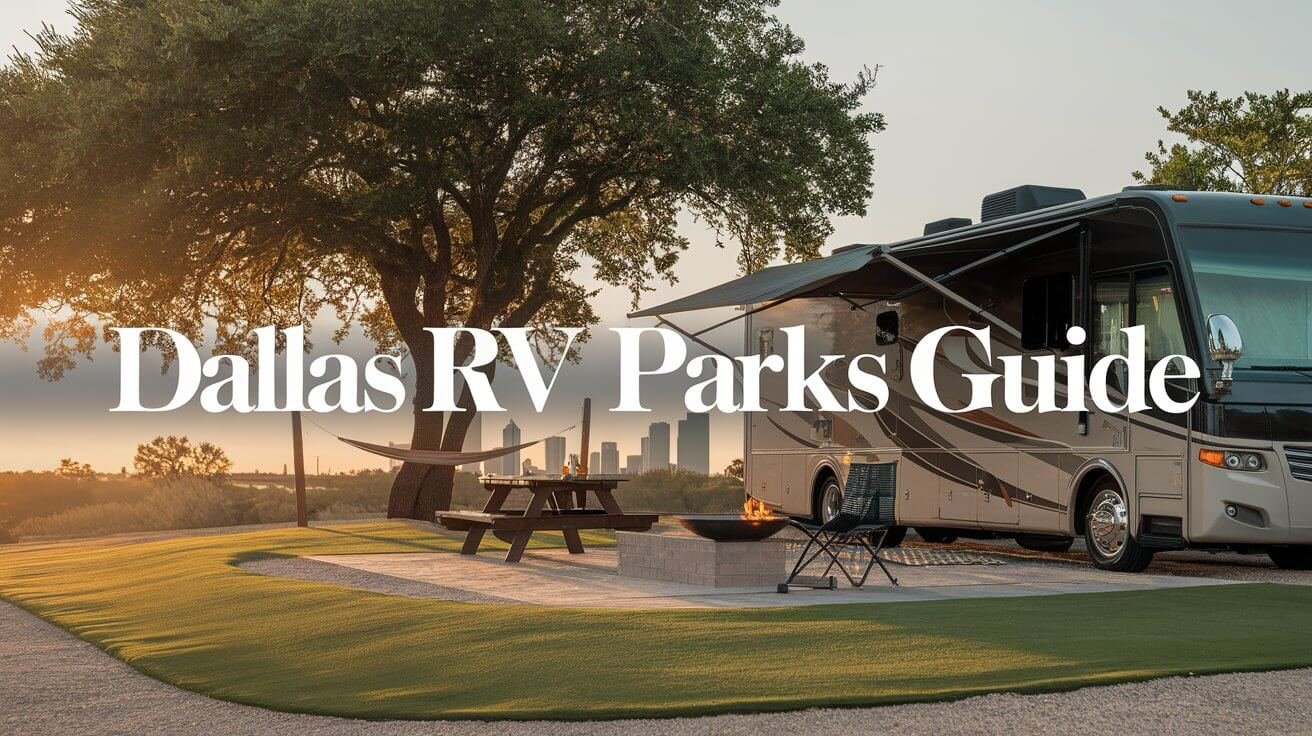 professional photo of a luxury RV parked at a manicured campsite during golden hour. The campsite has a picnic table and a fire pit. There is a hammock between two trees. The Dallas skyline is visible in the far background.